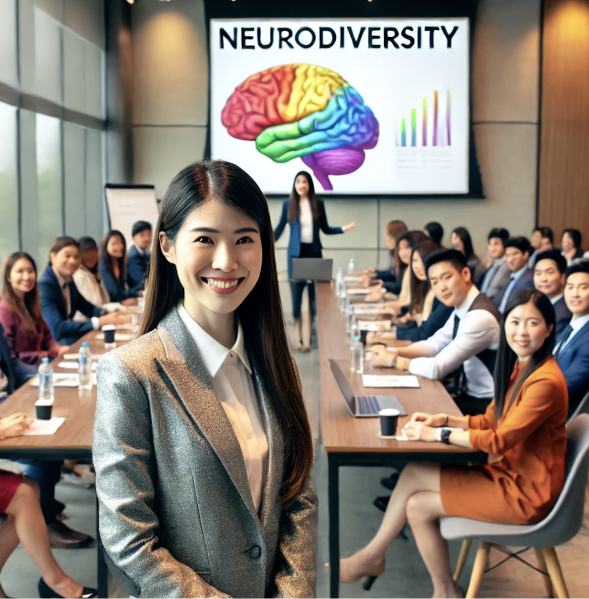 smiling Asian lady in front of a boardroom with Neurodiversity corporate training on the background